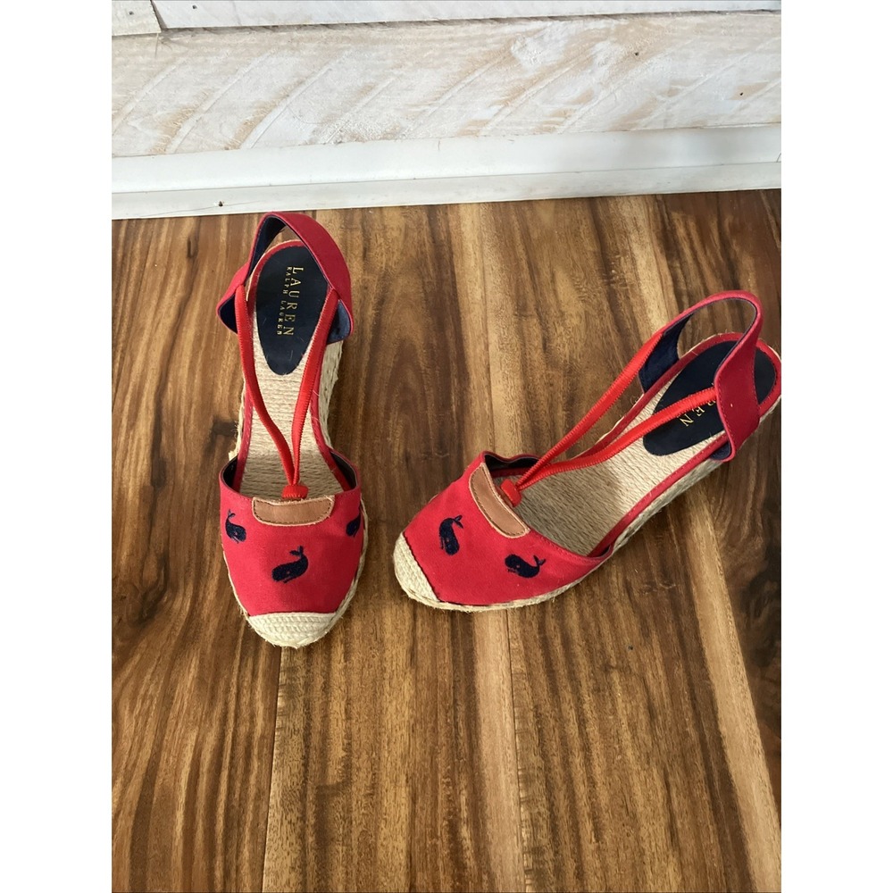 Women's Ralph Lauren Cala Wedge Sandal Espadrilles Size 8 Red, Navy Whales
